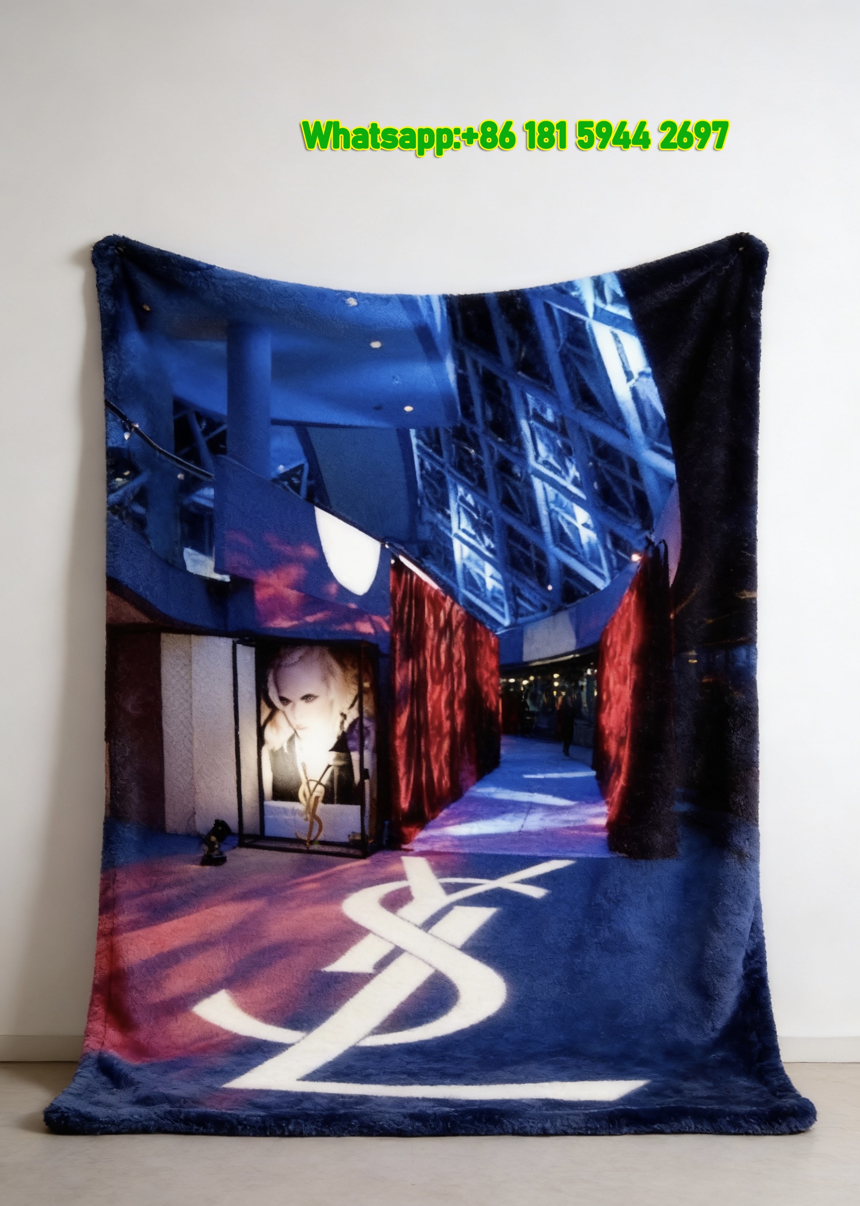 Yves Saint Laurent YSL Deep Blue Red YSL Logo Print Flannel Throw Blanket IMG_3263